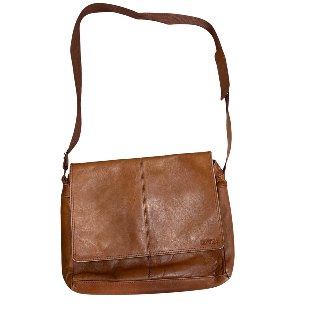 Kenneth Cole Reaction Men Brown Leather Messenger Bag Crossbody Laptop Briefcase